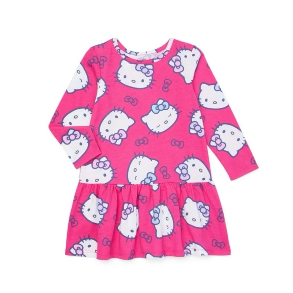 Hello Kitty Toddler Girls Print Drop Waist Dress with Long Sleeves Pink 2T